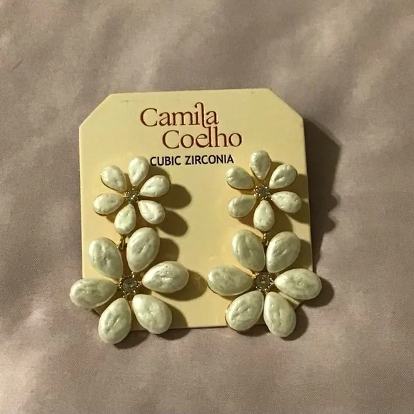 Camila Coelho White Floral Double Drop Earrings with Cubic Zirconia - Picture 2 of 2